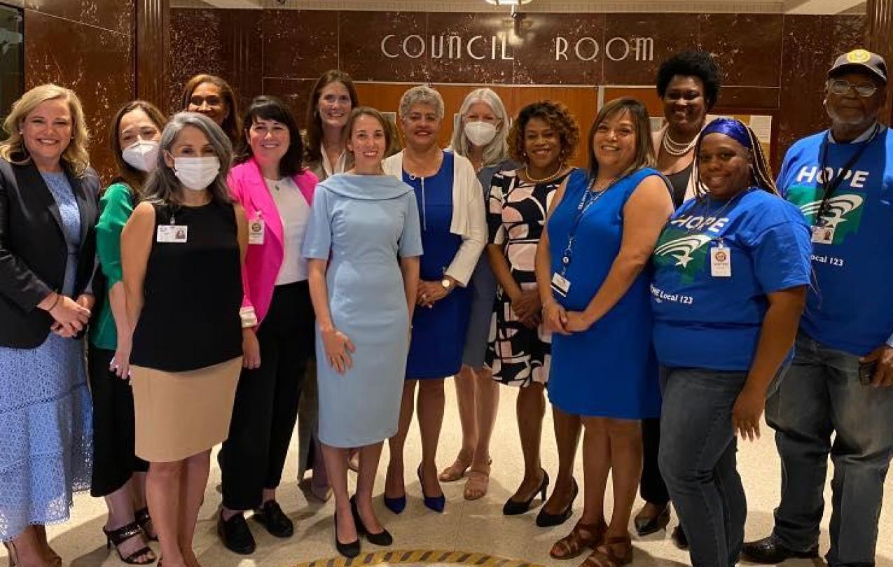 HOPE members, Women's Commission members, and City Council leaders stand together after the City of Houston formally adopts Paid Parental Leave starting May 14th, 2022