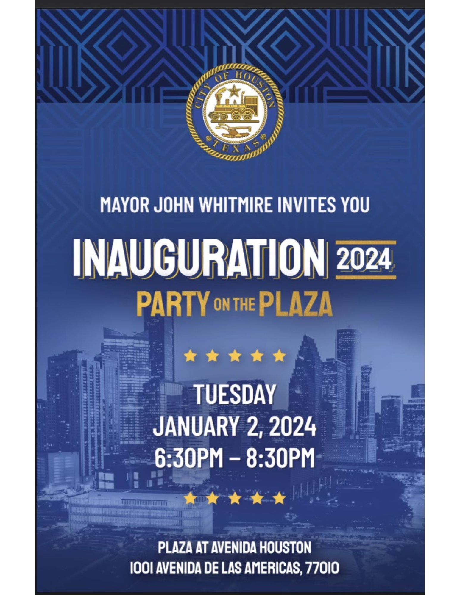 HOPE joins Mayor John Whitmire at Inauguration 2024, Tuesday, Jan 2, 2024, 6:30p - 8:30p, 1001 Avenida De Las Americas, 77010