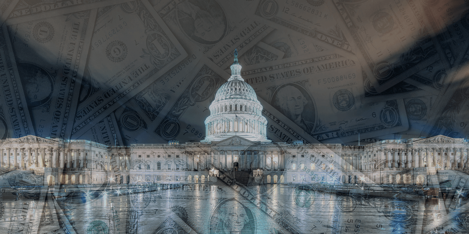 Photograph of the U.S. Capitol building at night overlaid with transparent images of the U.S. $1 bill. 